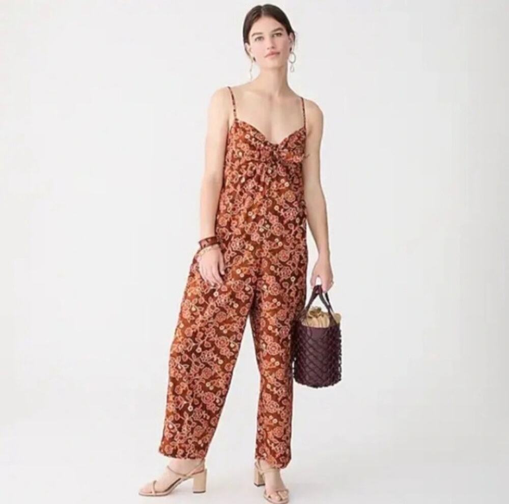 NWT J.Crew Tie Front Jumpsuit sz 4 Vintage Vines Boho Hippie Floral Retro Earthy